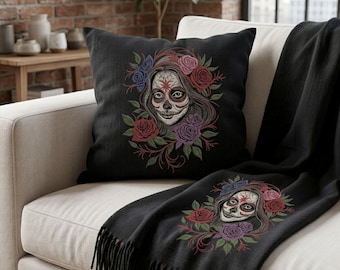 Gothic Sugar Skull Woman Pillow Blanket Machine Embroidery Design Black Pillow Rose Skull Digital Download File