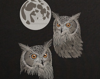 Realistic Bird Owl Moon Machine Embroidery design for jackets, pillows, tote bags, or textiles