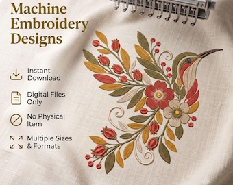 Hummingbird Floral rose hip Machine Embroidery Design Autumn Botanical Bird Digital Download File