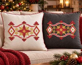 クリスマスのホームテキスタイル用、お祝いムード満点の枕用ミシン刺繍デザイン（デジタルダウンロードファイル）