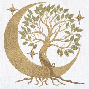 May include: A gold crescent moon with a stylized tree growing from its center. The tree has green leaves and a thick trunk with roots extending out from the bottom. There are three gold stars around the moon.