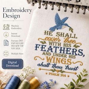 May include: An embroidery design on white fabric featuring a blue hummingbird and the text: HE SHALL cover thee WITH HIS FEATHERS, AND UNDER HIS WINGS shalt thou trust PSALM 91:4. The design uses blue, gold, and green thread colors.