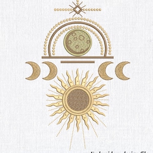 May include: An embroidered design featuring celestial elements. The design includes a sun, crescent moons, a full moon, and stars in shades of gold and brown. The text "Embroidery design file Instant download" is at the bottom.