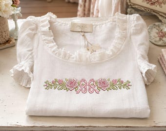 Roze roos strikshirt bloemenrand Machine borduurwerk ontwerp digitaal downloadbestand