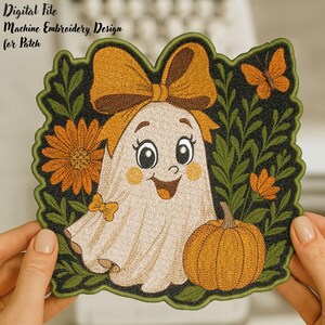 May include: Embroidered patch featuring a friendly ghost with a large bow, blush cheeks, and a smiling face. The design includes a pumpkin, flowers, and a butterfly, all set against a dark green background. Text reads "Digital File Machine Embroidery Design for Patch."