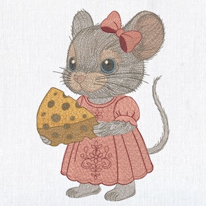 Cute Girl Mouse with Cheese in Dress Machine Embroidery design, Cartoon Rodent File, Little Mouse Pattern 6 sizes Instant Download