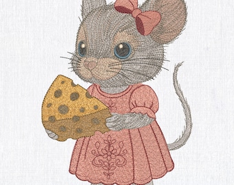 Girl Mouse Embroidery Design: Cartoon Rodent with Cheese (6 Sizes) (Digital Download