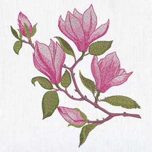 Pink Magnolia Flowers Branch Machine Embroidery design, Spring Floral Embroidery File, Botanical Bloom Embroidery pattern 8 Sizes