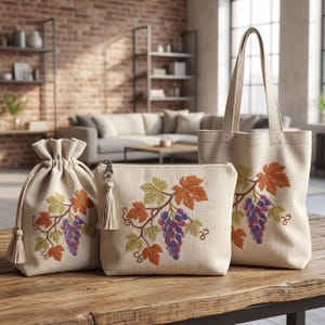 Borsa tote autunnale con motivo a vite, ricamo a macchina con foglie di raccolto, file digitale scaricabile.