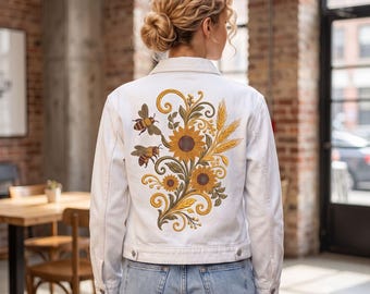 Sunflower Bee Botanical Jacket Machine Embroidery Design Large Autumn Digital Download File