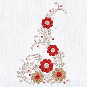 Peut inclure: Motif floral brodé avec des fleurs rouges et beiges et des feuilles sur un fond blanc.