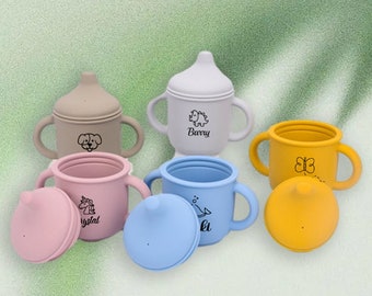 Taza de paja personalizada, Taza de silicona para niños, Taza binaural antiderrames, Taza de aprendizaje para niños, Taza de silicona con agarre