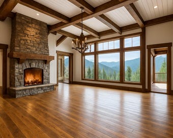 May include: A spacious living room with a stone fireplace, wooden beams, and large windows offering a scenic mountain view. The room features hardwood floors and a chandelier, creating a warm and inviting atmosphere.
