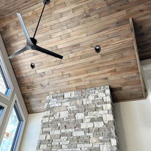 May include: A modern interior featuring a wooden plank ceiling and a stone fireplace. A black ceiling fan with three blades is suspended from the ceiling. Recessed lighting fixtures are also visible. The room has large windows, allowing natural light to enter.