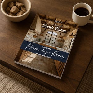 May include: A design workbook titled "Rustic Home" with the subtitle "Room-by-Room Design Workbook" is displayed on a dark wooden surface. A small bowl of brown sugar cubes and a white coffee mug are also on the table.