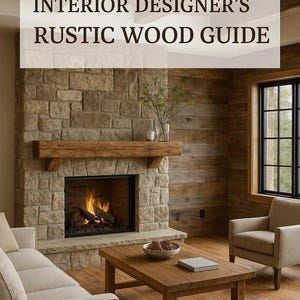 May include: Interior of a rustic living room with a stone fireplace, wooden mantel, and wood-paneled walls. A lit fire is in the fireplace. The room includes a sofa, armchair, and a wooden coffee table. The text "INTERIOR DESIGNER'S RUSTIC WOOD GUIDE" is displayed.