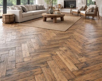 Reclaimed Oak Herringbone Flooring – Rustic Face | 3/4" Solid Old Growth Oak | Unfinished Hardwood | Character Grade Wood Floor