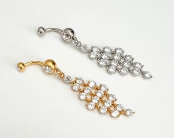 Silver Gold  Belly Piercing, Belly Ring, Long Dangling Belly Button Ring, Delicate Elegant Belly Jewelry, Unique Navel Ring Piercing