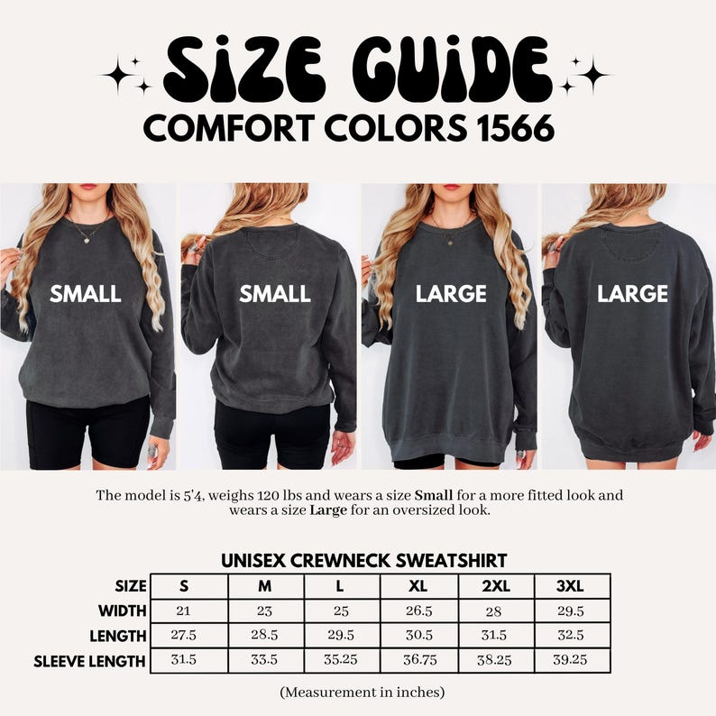 Size Guide Comfort Colors Sweatshirt, Unisex Crewneck Sweatshirt, Oversized Look Sweatshirt, Cozy Size Chart Crewneck