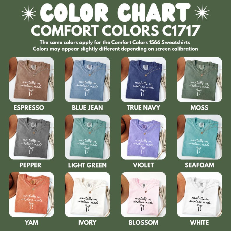 Comfort Colors Shirt Color Chart C1717, Pastel and Bold Shades, Classic and Unique Colors, Perfect T-Shirt Color Comparison