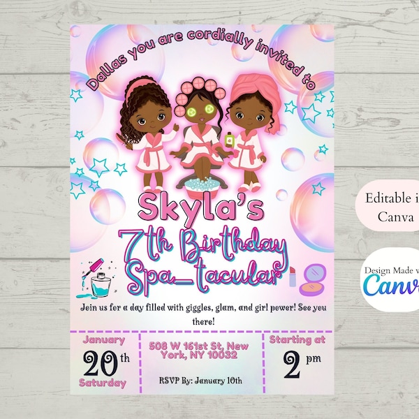 Editable Spa Birthday Invitation Template, Spa Party, Editable Pamper Party, Instant Download, African American Girls