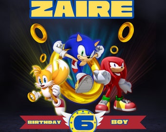 May include: A digital illustration of Sonic the Hedgehog, Tails, and Knuckles. The characters are standing on a gold ring. The background is blue with yellow rings. The text "ZAIRE" is at the top of the image. The text "BIRTHDAY" and "BOY" are at the bottom of the image. The number "6" is in the centre of the image. The text "Customizable PNG/SVG" and "INSERT CHILD'S NAME AND AGE" are in the bottom left corner. The text "TRANSPARENT 12in x 12in PNG" is in the bottom right corner.