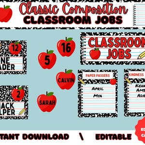 Classroom Job Display, Editable  Canva Templates, Classic Composition book theme, Teacher Management, Templates, Classroom Jobs for Students