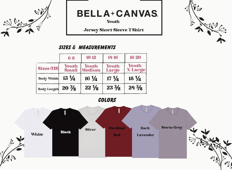 Może przedstawiać: Tabela rozmiar&oacute;w dla dziecięcych koszulek Bella + Canvas z kr&oacute;tkim rękawem. Tabela pokazuje rozmiary 6-8, 10-12, 14-16 i 16-20, z odpowiadającymi im wymiarami szerokości i długości ciała w calach. Tabela pokazuje r&oacute;wnież opcje kolorystyczne: biały, czarny, srebrny, czerwony kardynał, ciemny lawendowy i szary burzowy.