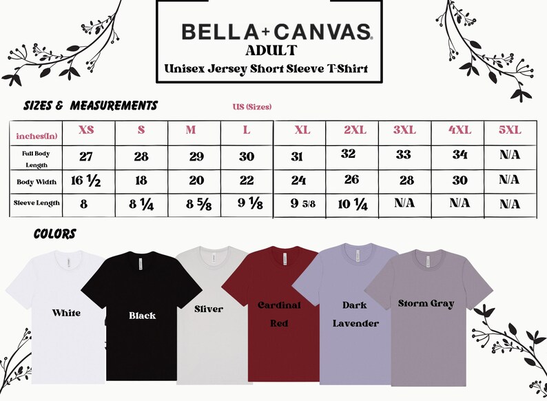Może przedstawiać: Tabela rozmiar&oacute;w dla dorosłych unisexowych t-shirt&oacute;w z kr&oacute;tkim rękawem Bella + Canvas. Tabela pokazuje wymiary w calach dla rozmiar&oacute;w od XS do 5XL. Dostępne kolory to biały, czarny, srebrny, czerwony kardynał, ciemny lawendowy i szary burzowy.