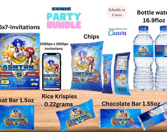 May include: Sonic the Hedgehog party bundle with printable invitations, water bottle labels, chip bag labels, chocolate bar labels, and Rice Krispies box labels. The labels feature Sonic, Tails, and Knuckles characters. The invitations are 5x7 inches and the labels are designed to fit standard size snacks.