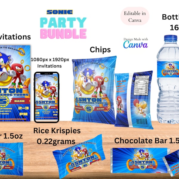 Sonic Birthday Party Bundle | Sonic Chip Bags, Rice Krispies, Water Bottles, Kit Kat Wrapper, Chocolate Bar Wrapper and Invitations