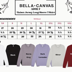 Może przedstawiać: Tabela rozmiar&oacute;w dla unisexowych koszulek z długim rękawem dla dorosłych, w rozmiarach od XS do 4XL. Tabela pokazuje wymiary w calach dla całkowitej długości ciała, długości rękawa i szerokości ciała. Koszulki są dostępne w kolorach: białym, czarnym, szarym burzowym, ciemnym lawendowym, srebrnym i czerwonym kardynalskim.