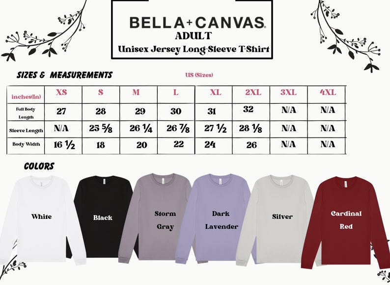 Może przedstawiać: Tabela rozmiar&oacute;w dla unisexowych koszulek z długim rękawem dla dorosłych, w rozmiarach od XS do 4XL. Tabela pokazuje wymiary w calach dla całkowitej długości ciała, długości rękawa i szerokości ciała. Koszulki są dostępne w kolorach: białym, czarnym, szarym burzowym, ciemnym lawendowym, srebrnym i czerwonym kardynalskim.