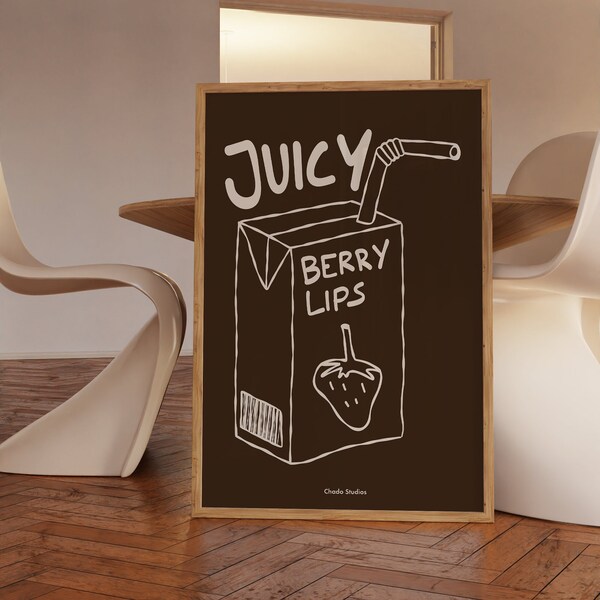 Juicy Berry Lips Poster, Saft Liebhaber Poster, Minimalistic Print für Zuhause, Wanddekoration, Typografie Art, Zeichnung Frühstück - Print