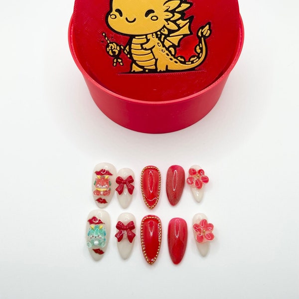 Cute Dragon, Red Lunar New Year Press On Nails, Customizable Case Included