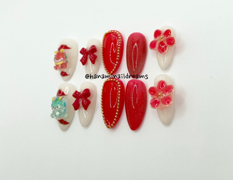Cute Dragon, Red Lunar New Year Press on Nails, Customizable Case ...