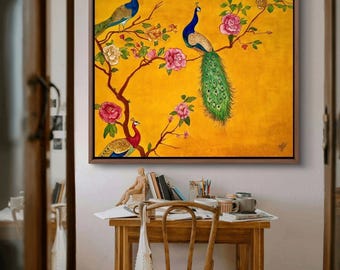Golden Serenity – Peacock Floral Art Print, Digital Print.