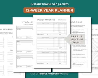 May include: A printable 12-week year planner with sections for goal brainstorming, weekly progress tracking, and a goals guide. The planner includes a goals guide with questions to help you set up for success. The planner is available in four sizes: A4, A5, US Letter, and US Half Letter.