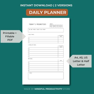 Daily Productivity Planner, Work From Home Planner, Instant Download, A5/A4/Letter/Half Letter