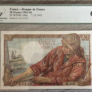 1942-44 France- Banque De France- 20 Francs- Pick 100a- Legacy- 68PPQ