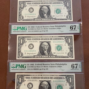 3 Consecutive 1963 1.00 Federal Reserve Notes Philadelphia- Fr1900-Cm Mule- (CA Block) PMG 67 EPQ