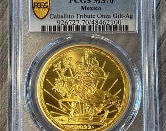 2022- Mexico- Caballito Tribute Onza Gilt- AG Medal- PCGS- MS70- Gold Shield-Only 250 minted