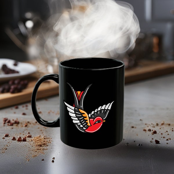 Colorful Tattoo Style Bird design Black ceramic Mug (11oz), Tattoo mug gift idea, Badass coffee cups, Birthday Gift for friend, Gothic Gift