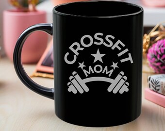 Crossfit Mom Black ceramic Mug, Fit Mom coffee cup, Mother&#39;s Day gift idea, fitness enthusiast present, Gym accessory for her | Ships free
