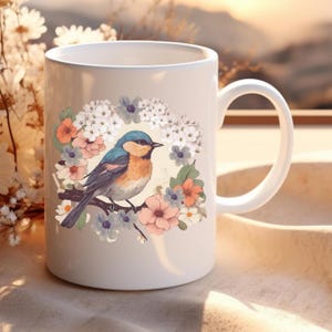 Songbird and Flowers Ceramic Coffee Cup, Bird lover present, Bluebird and Blooms mug, Unique Birthday drinkware for her, Spring theme decor