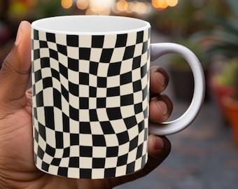 Black and whited wavy checkered white ceramic Mug, 11oz size