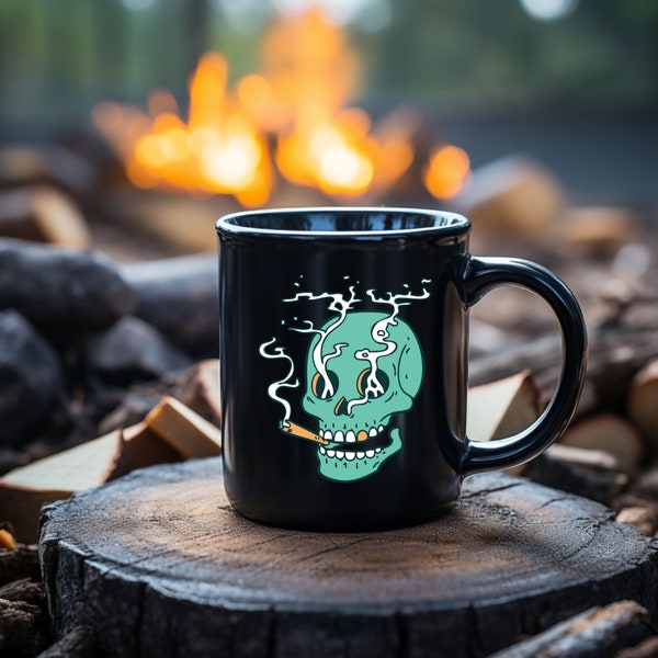 Light Blue Tattoo Skull design Black ceramic Mug (11oz), Tattoo mug gift idea, Badass coffee cups, , Birthday Gift for friend, Gothic Gift