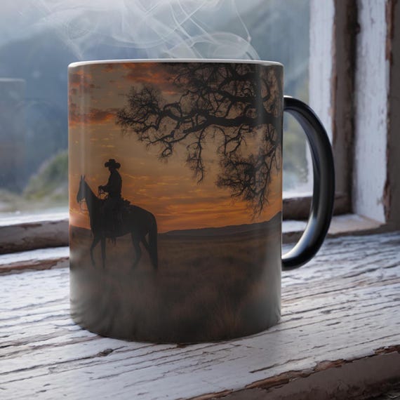 Cowboy Sunset Color Morphing Black ceramic Mug, 11 oz size