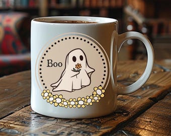 Vintage Ghost with flowers white ceramic mug, 11 & 15 oz. sizes, C-handle