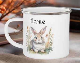 Personalized Children&#39;s Bunny Enamel Camping Mug, Kids Name mug, Grandkids gifts, Customized Easter cups, Adorable animals gifts, Ships Free